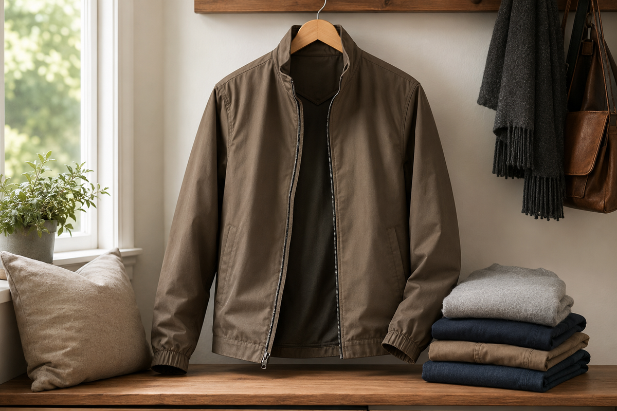 Versatile casual jacket displayed in a warm neutral entryway