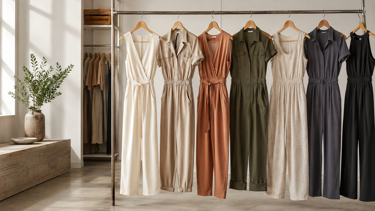 Jumpsuits in neutral colors hanging in a fashion studio