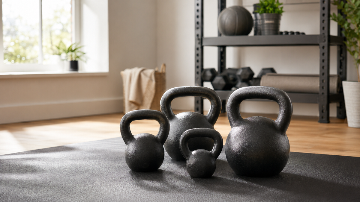 Kettlebells in different sizes in an organized home gym