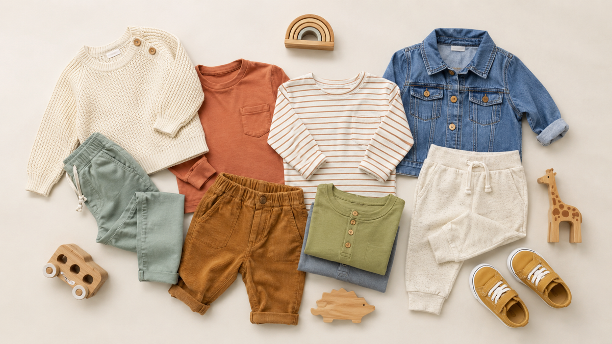Children’s clothing arranged with simple wooden toys
