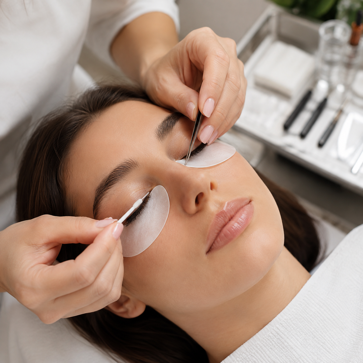 Professional lash lift treatment setup in a clean beauty studio
