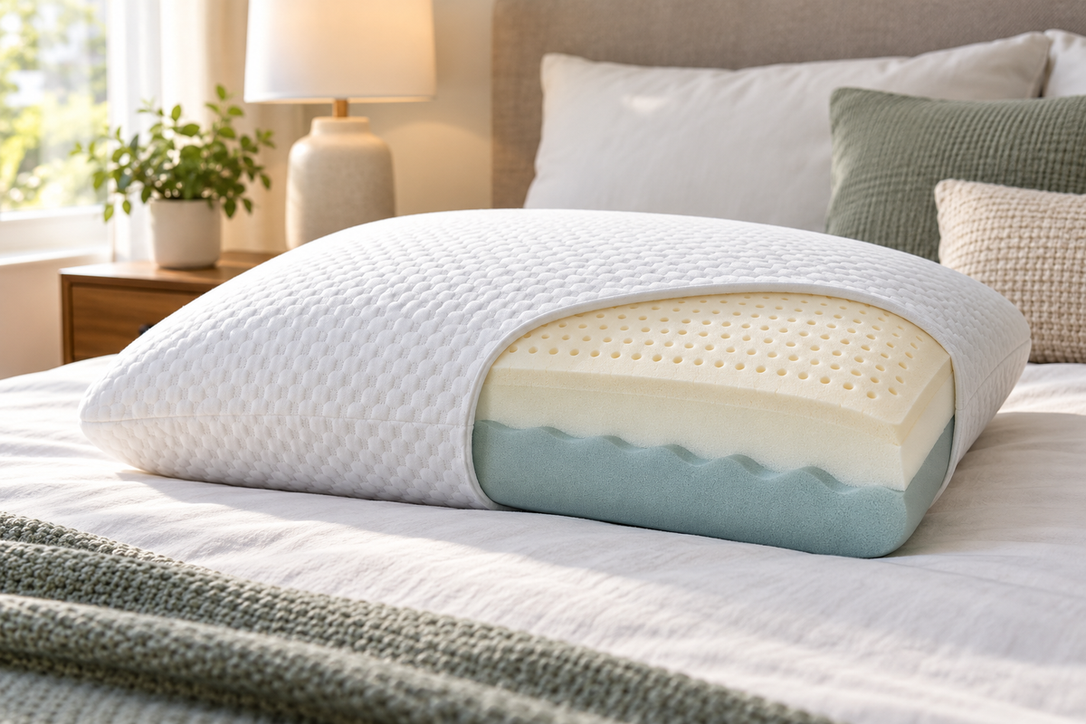 Layered latex and memory foam pillow on a neatly made bed