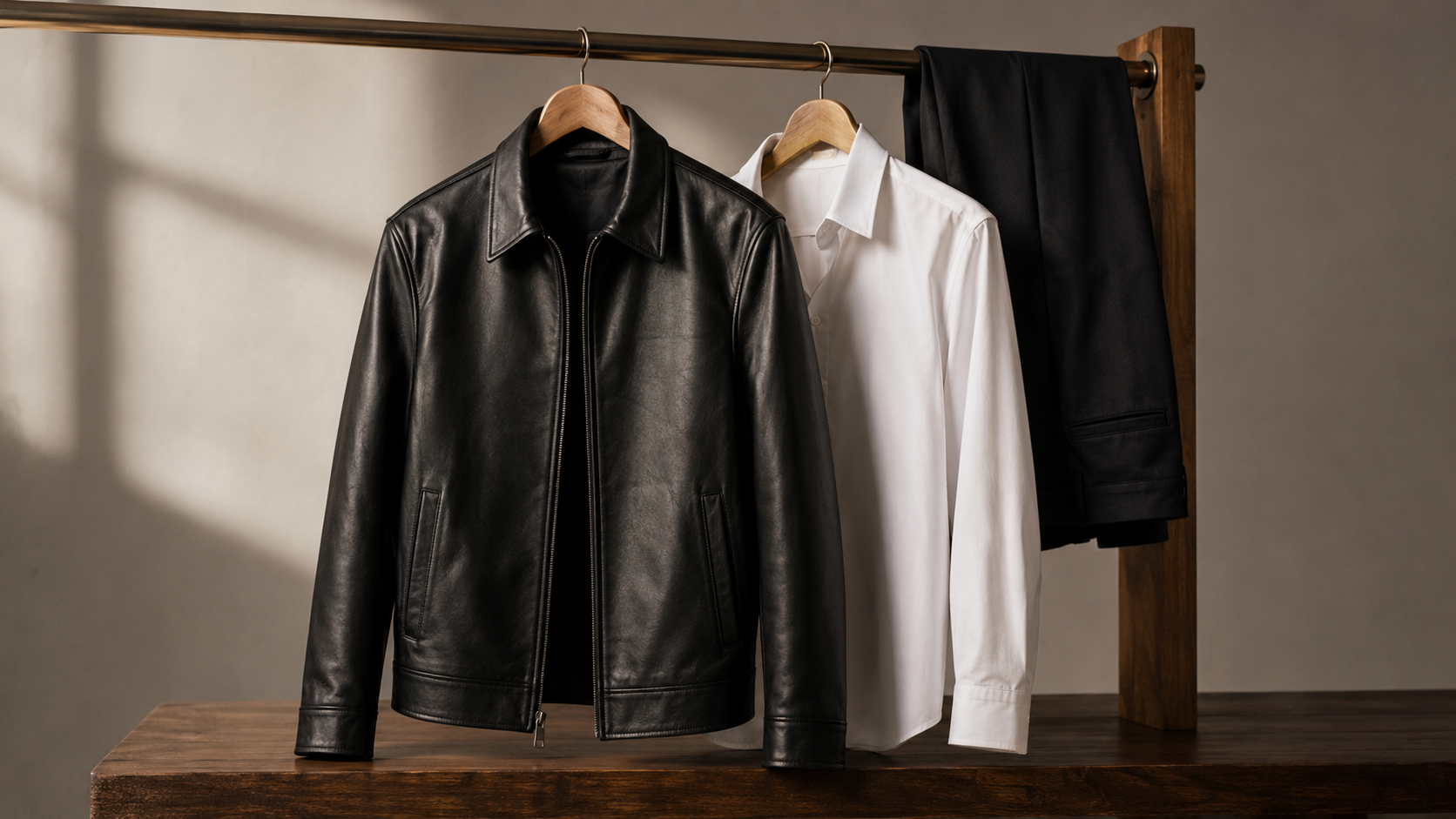 Classic black leather jacket with simple wardrobe pieces