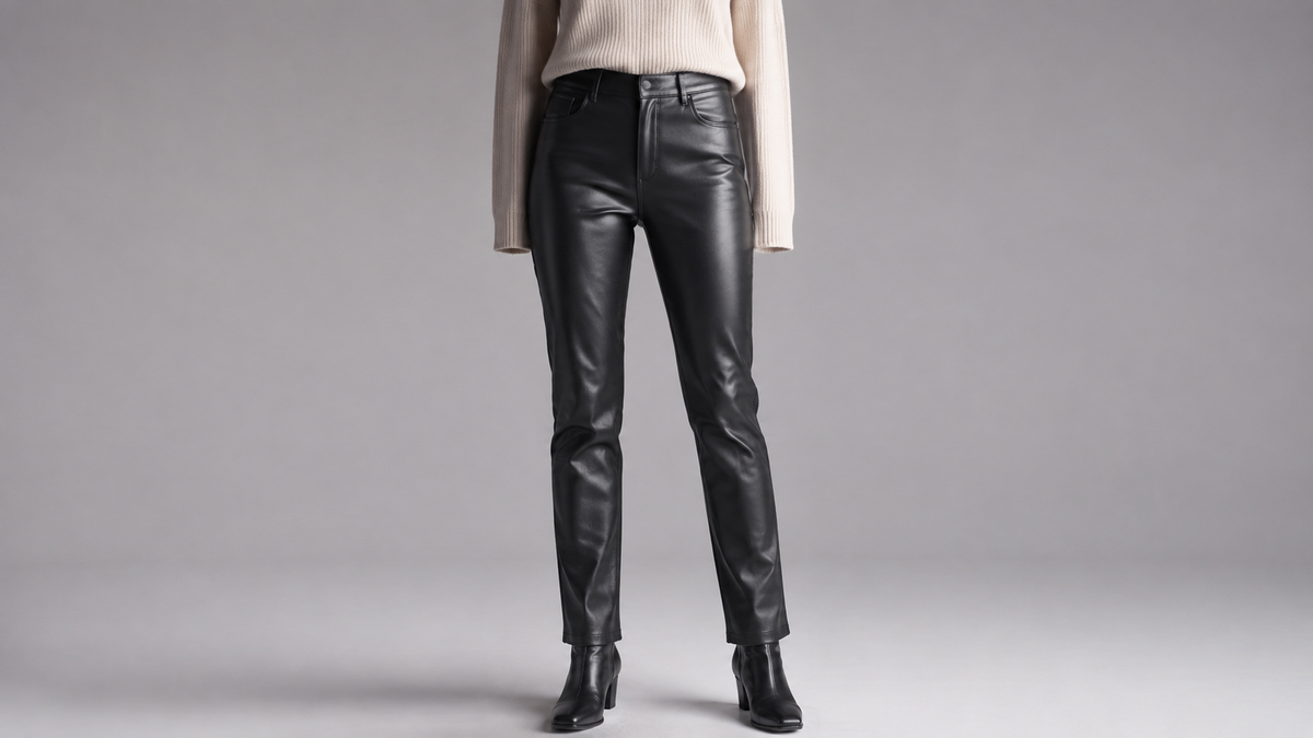 Black leather pants styled in a minimalist studio