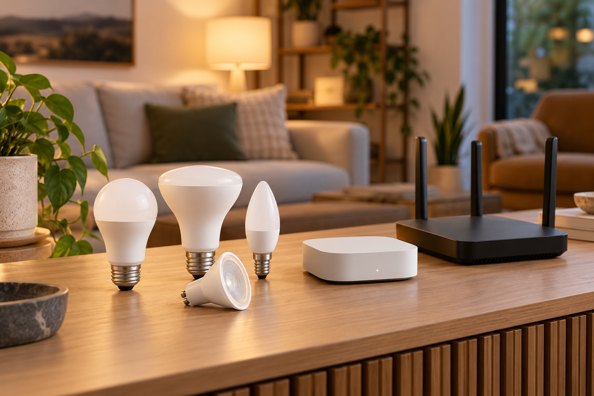 Generic smart bulbs beside a legacy home automation hub and router