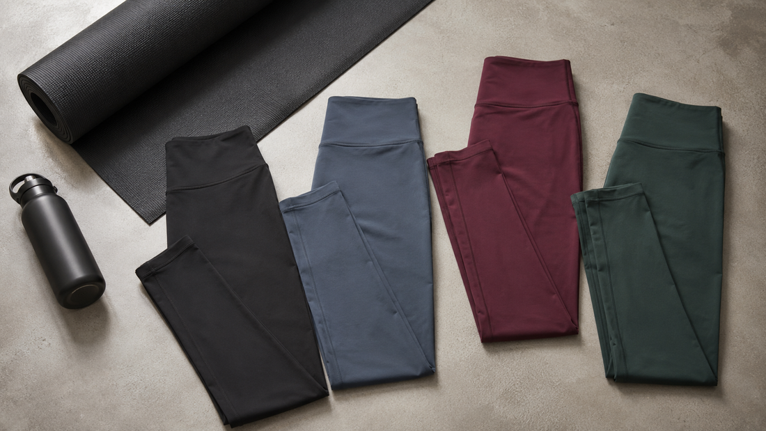 Activewear leggings arranged with workout accessories