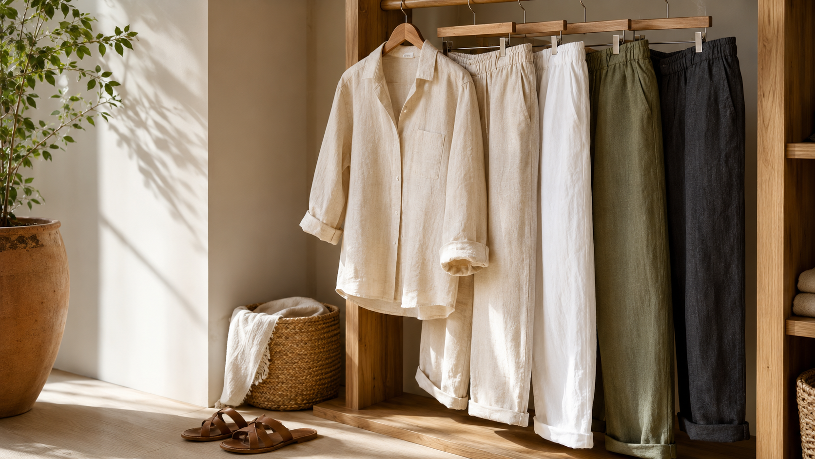 Linen pants in breathable neutral summer colors