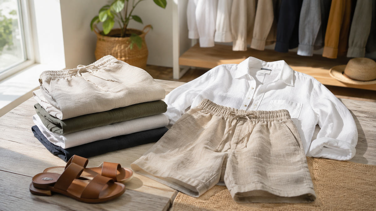Linen shorts and summer basics arranged in natural light