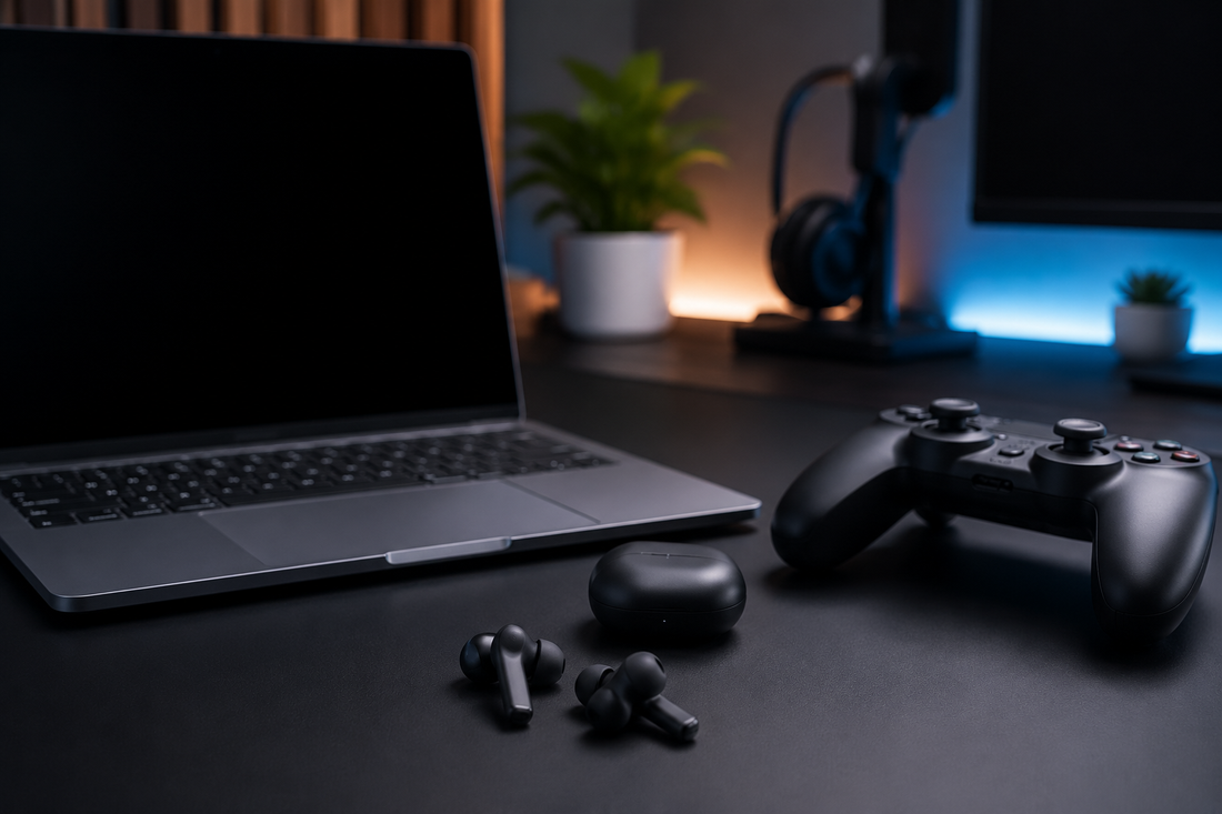 Generic low-latency Bluetooth earphones beside a gaming setup