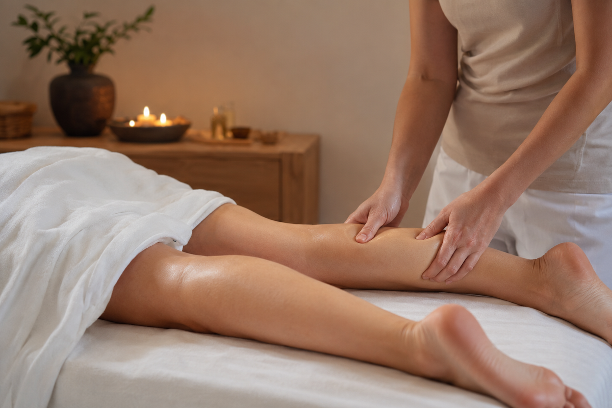 Gentle lower leg massage in a calm professional wellness setting