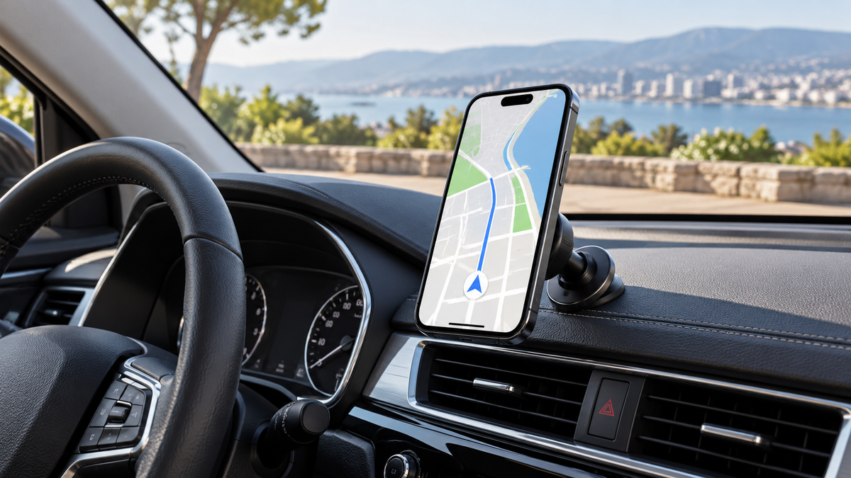 Magnetic car phone holder in a parked vehicle