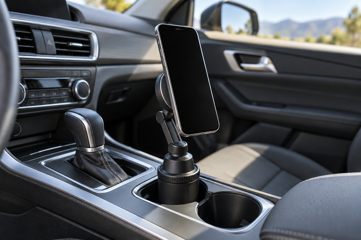 Magnetic cup-holder phone mount installed in a vehicle