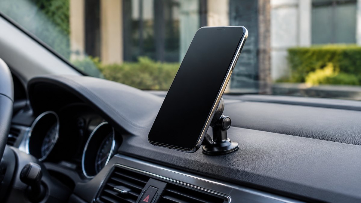 Generic magnetic phone holder mounted on a parked car dashboard