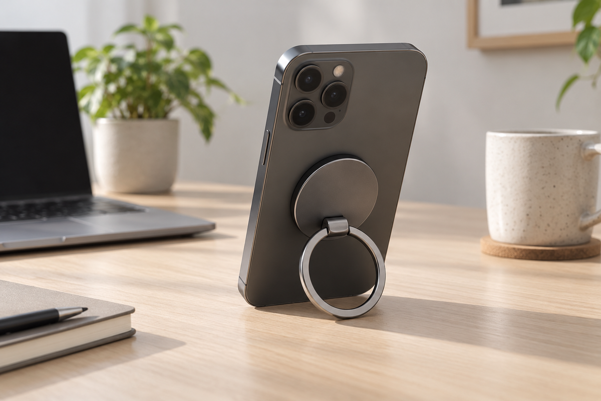 Magnetic phone ring stand on a blank-screen phone