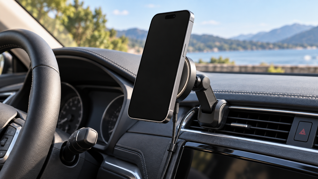 Magnetic wireless car charger mount holding a phone