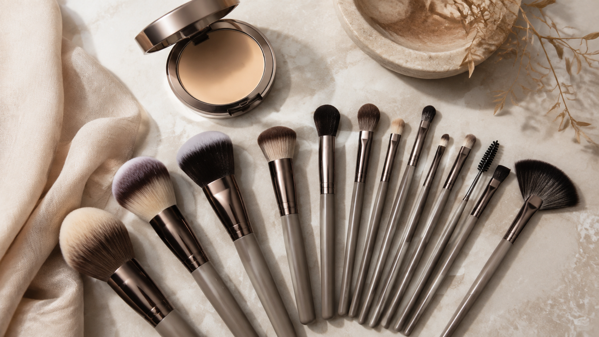 Clean makeup brushes arranged on a neutral vanity
