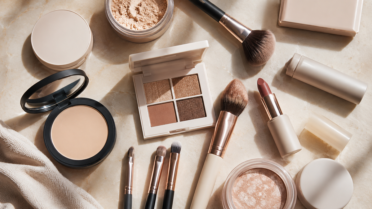 Makeup products and brushes in an elegant blank-label flat lay