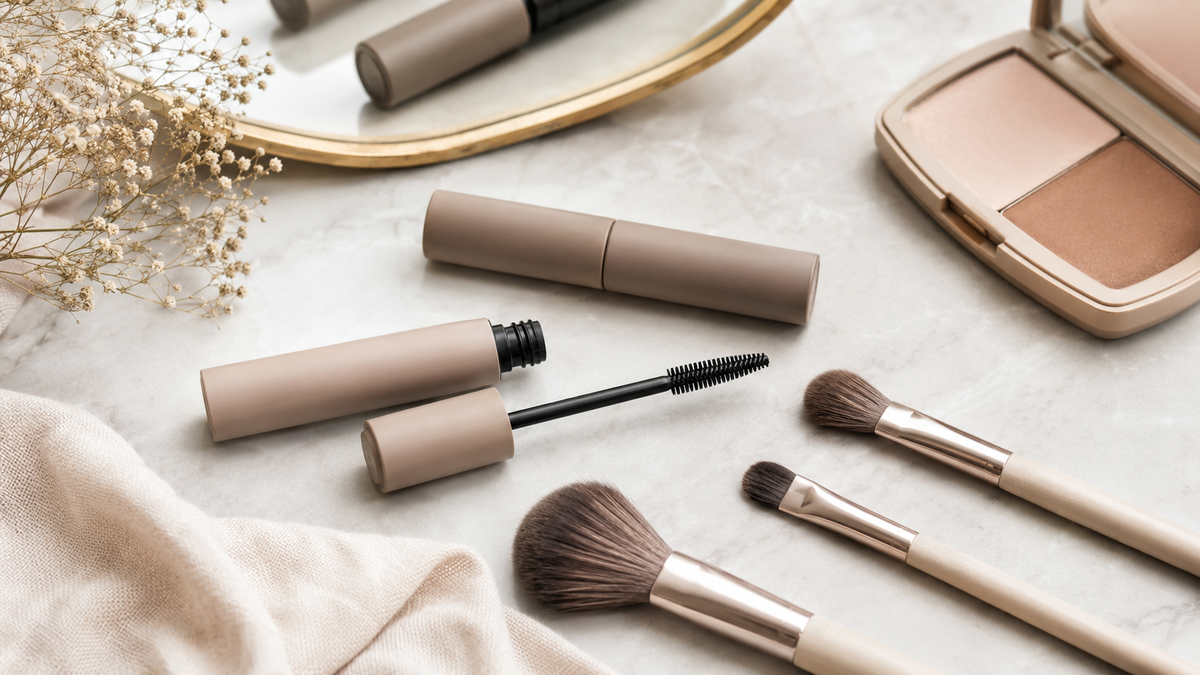 Mascara tubes and makeup brushes in a clean beauty flat lay