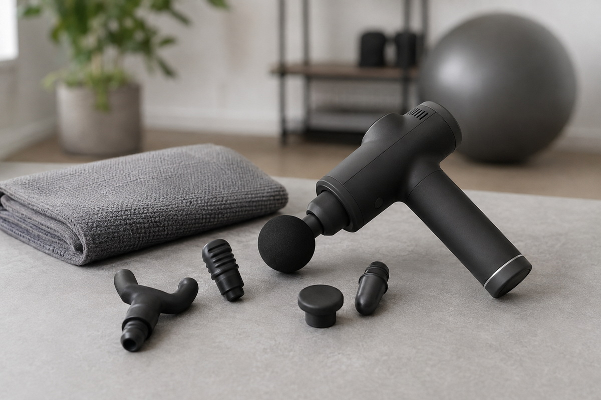Unbranded massage gun with interchangeable attachment heads