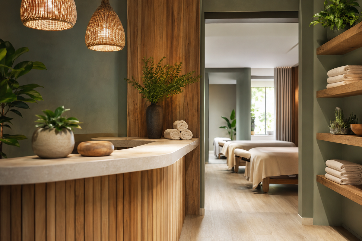 Welcoming generic massage studio reception and treatment area