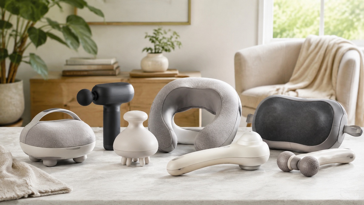 Assorted unbranded personal massagers in a calm home setting