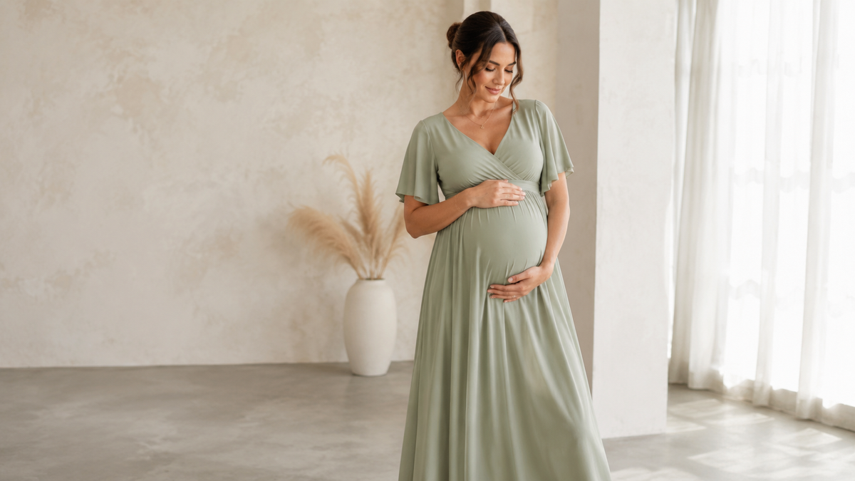 Pregnant adult woman wearing an elegant maternity dress