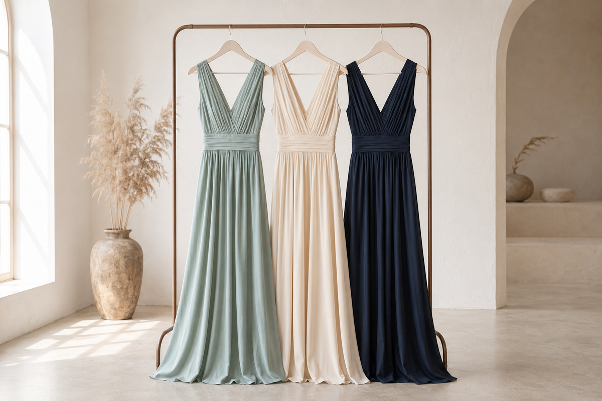 Elegant maxi dresses displayed in a bright fashion studio