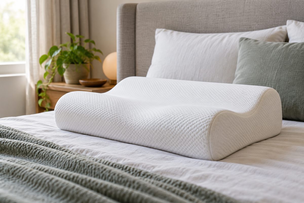 Contoured memory-foam cervical pillow on a bed