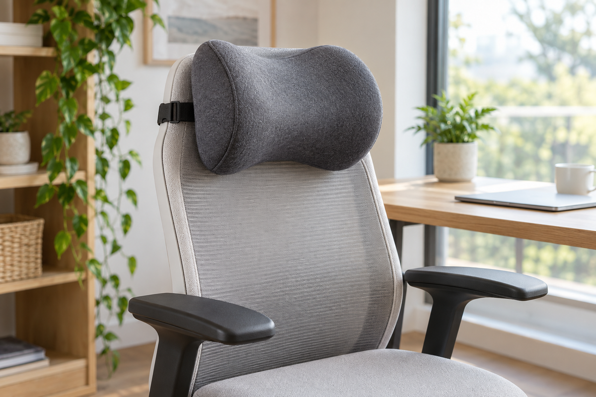 Memory foam headrest pillow attached to an office chair