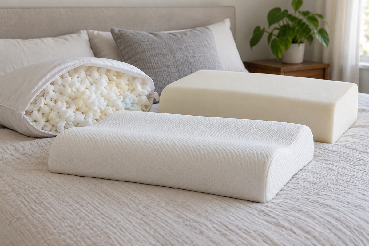 Solid, contoured, and shredded memory-foam pillows on a neutral bed