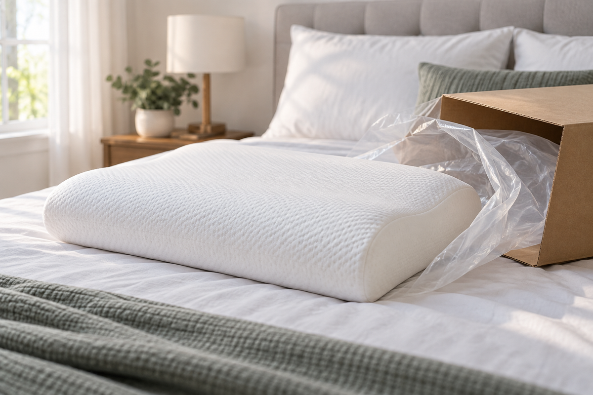 Memory foam pillow regaining shape after unpacking