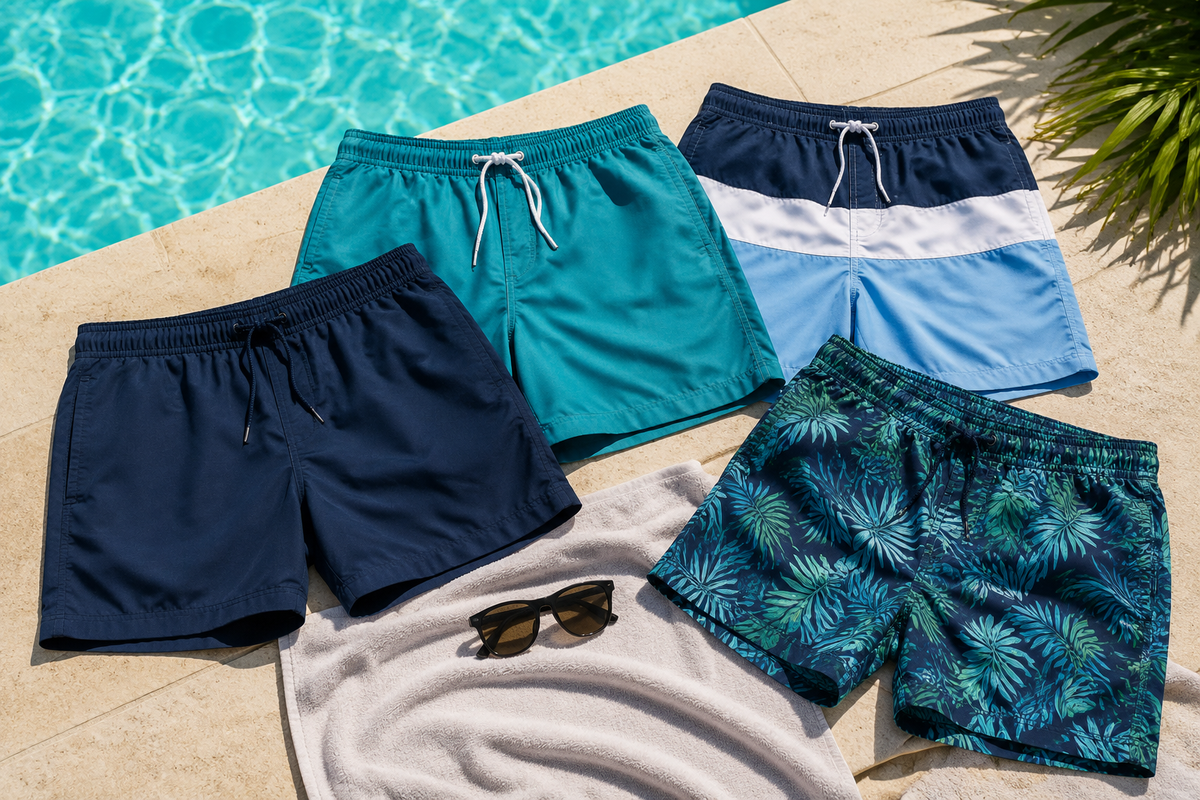 Unbranded men's bathing suits arranged by a pool