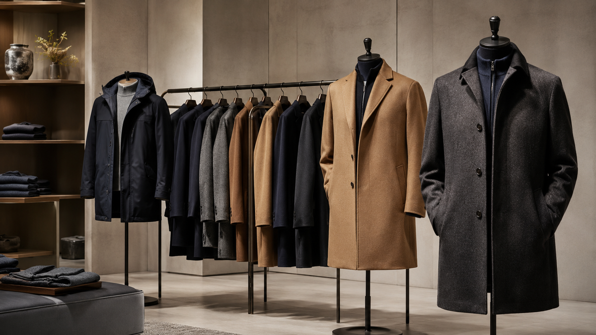 Unbranded mens coats displayed in a refined neutral showroom