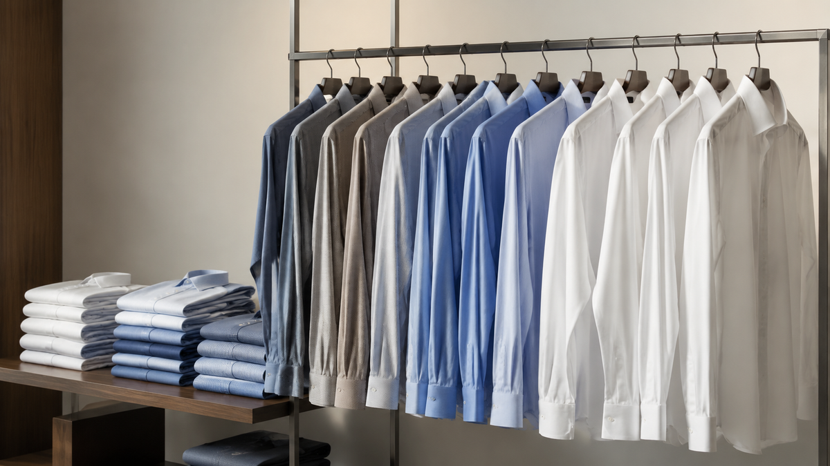 Unbranded mens dress shirts arranged on a retail rack