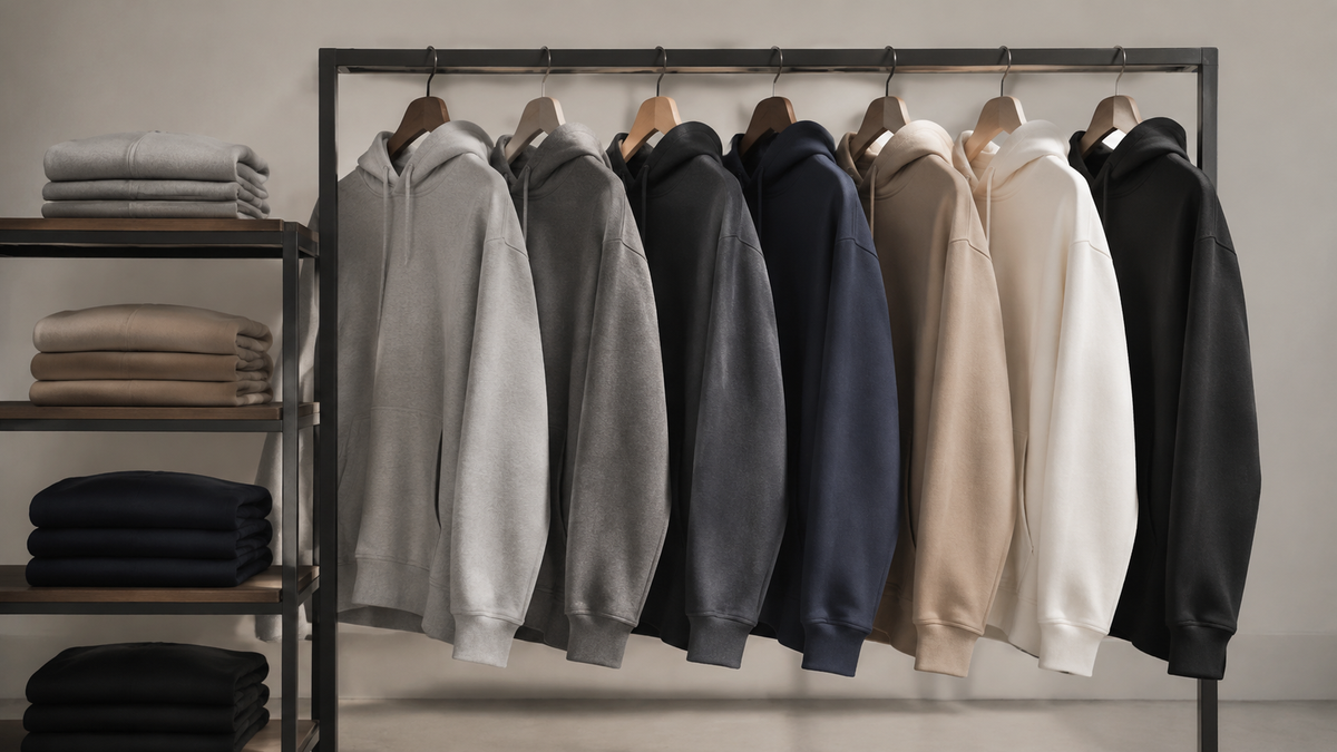 Plain men’s hoodies arranged in a minimalist wardrobe