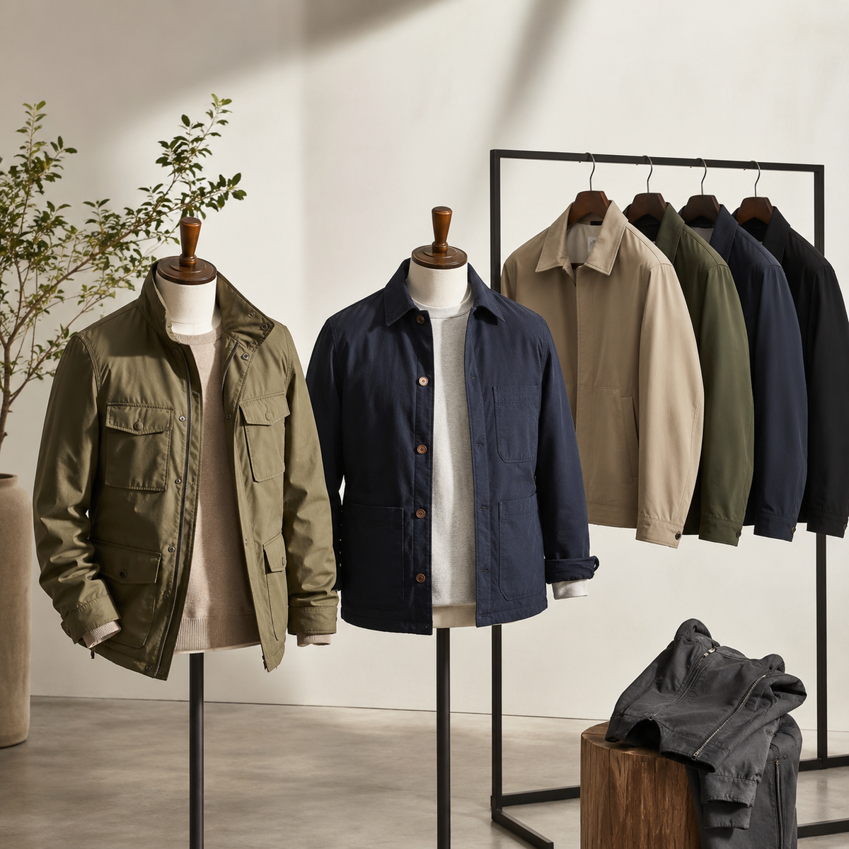Unbranded mens jackets displayed in a neutral fashion studio