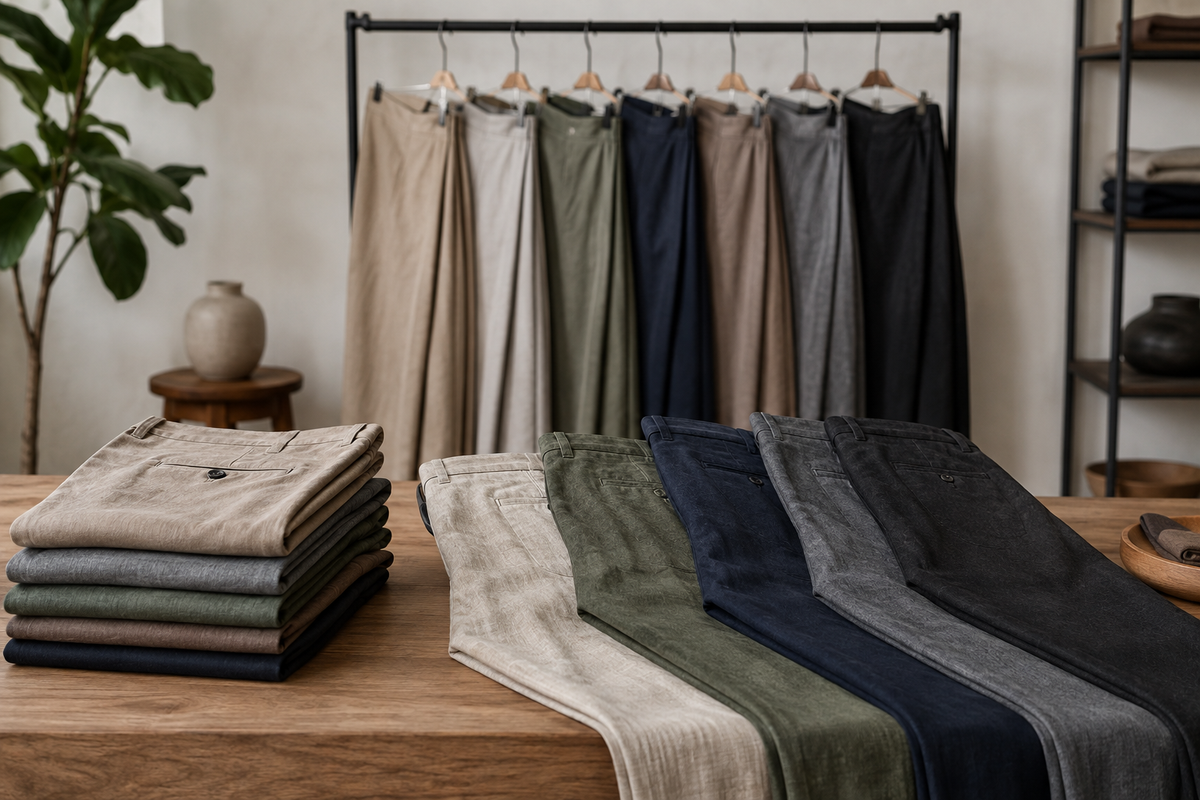 Assorted unbranded men's pants in neutral fabrics