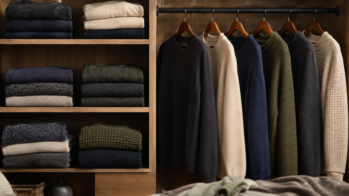 Unbranded mens sweaters folded and hung in a warm wardrobe