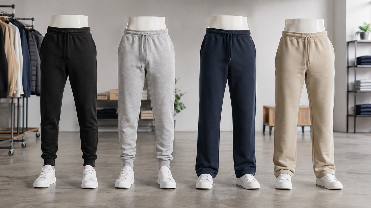 Unbranded mens sweatpants in several neutral colors and fits