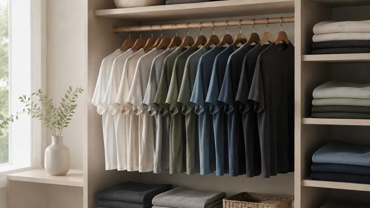 Plain men’s T-shirts arranged in a minimalist wardrobe