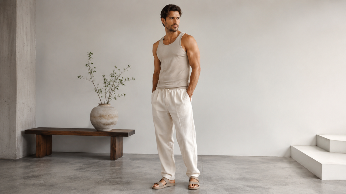 Men's tank top styled in a minimalist studio