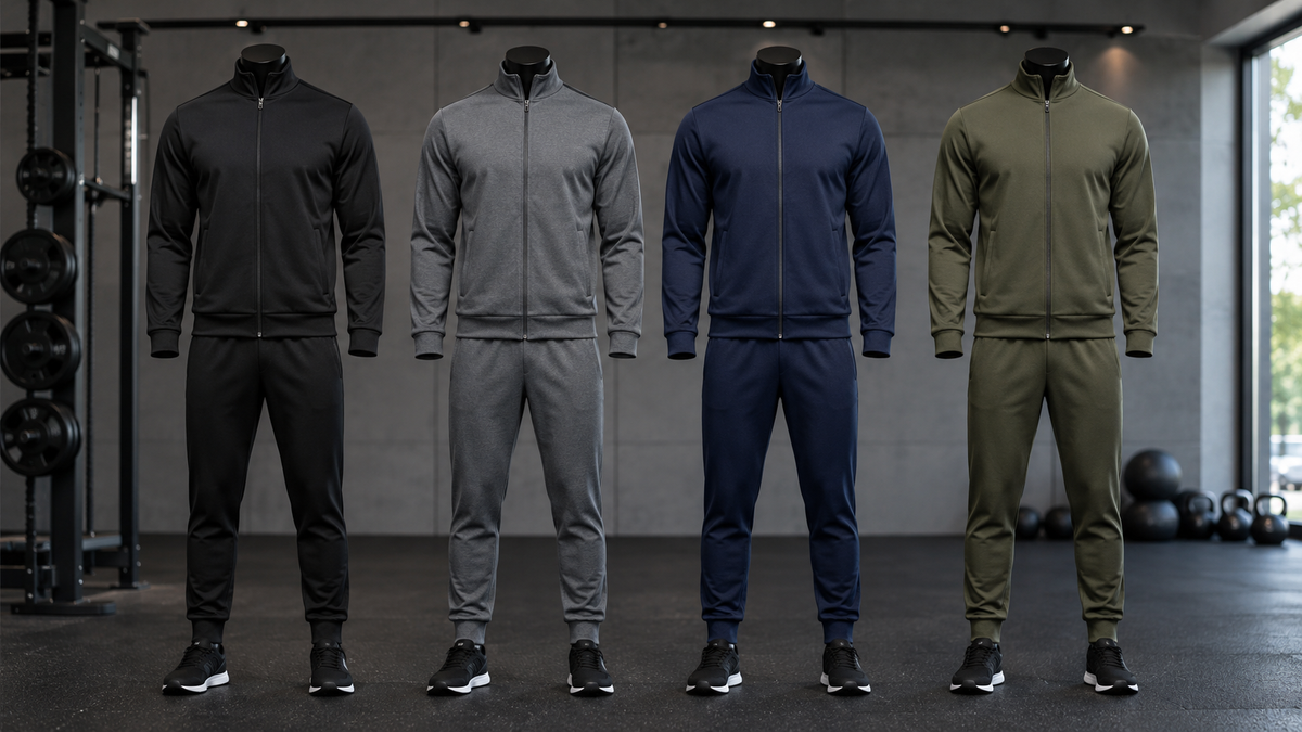 Unbranded mens tracksuits displayed in a modern fitness studio
