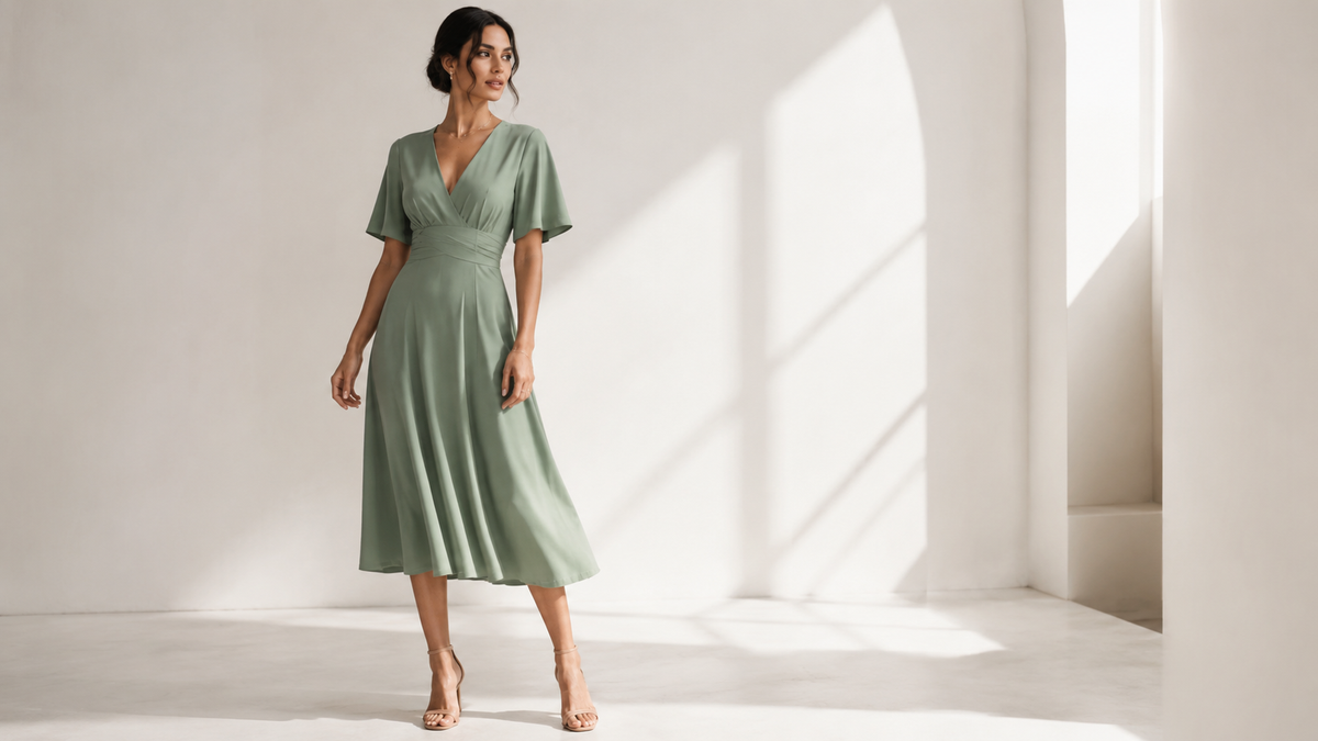 Adult woman wearing an elegant solid color midi dress