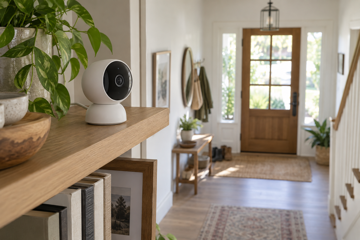 Compact Wi-Fi security camera near a home entryway