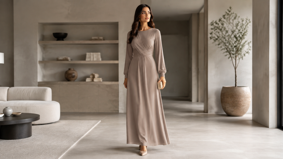 Woman wearing a long-sleeve modest maxi dress