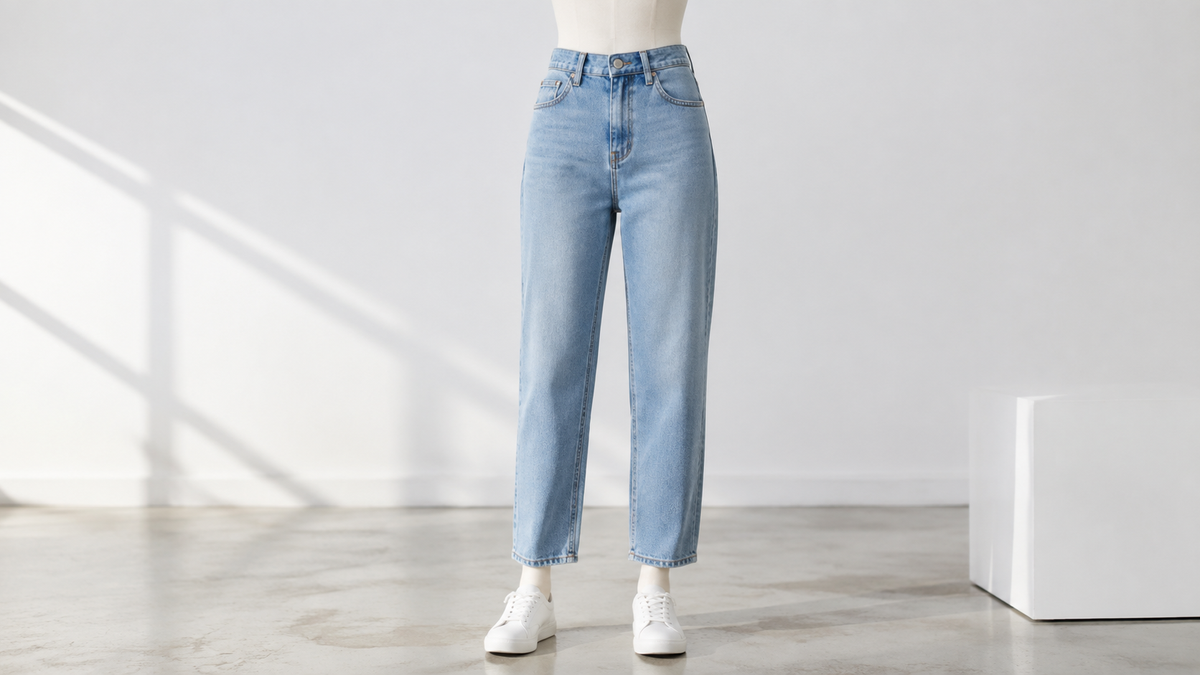 High rise mom jeans in a minimalist fashion studio