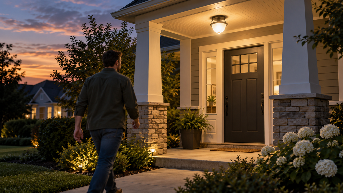 Motion-sensor smart porch light responding to a person at dusk