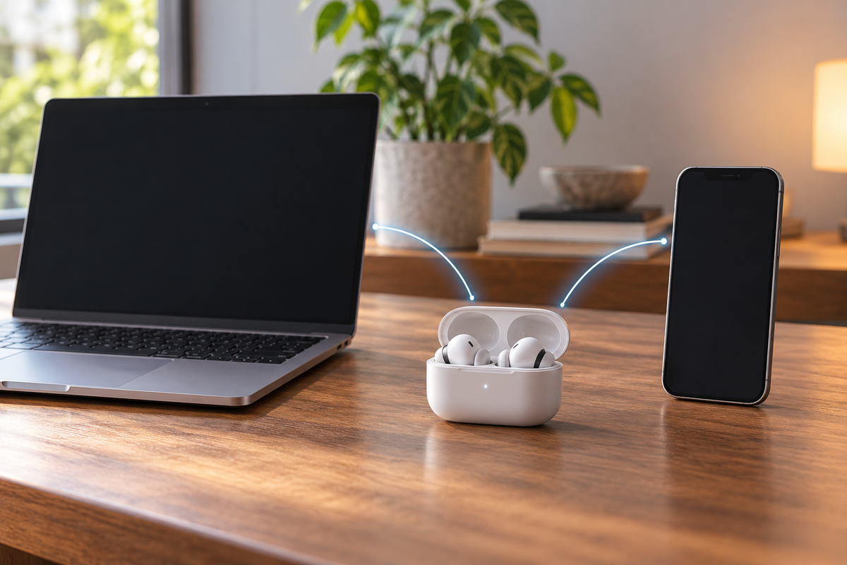 Wireless earbuds positioned between a laptop and smartphone for multipoint use