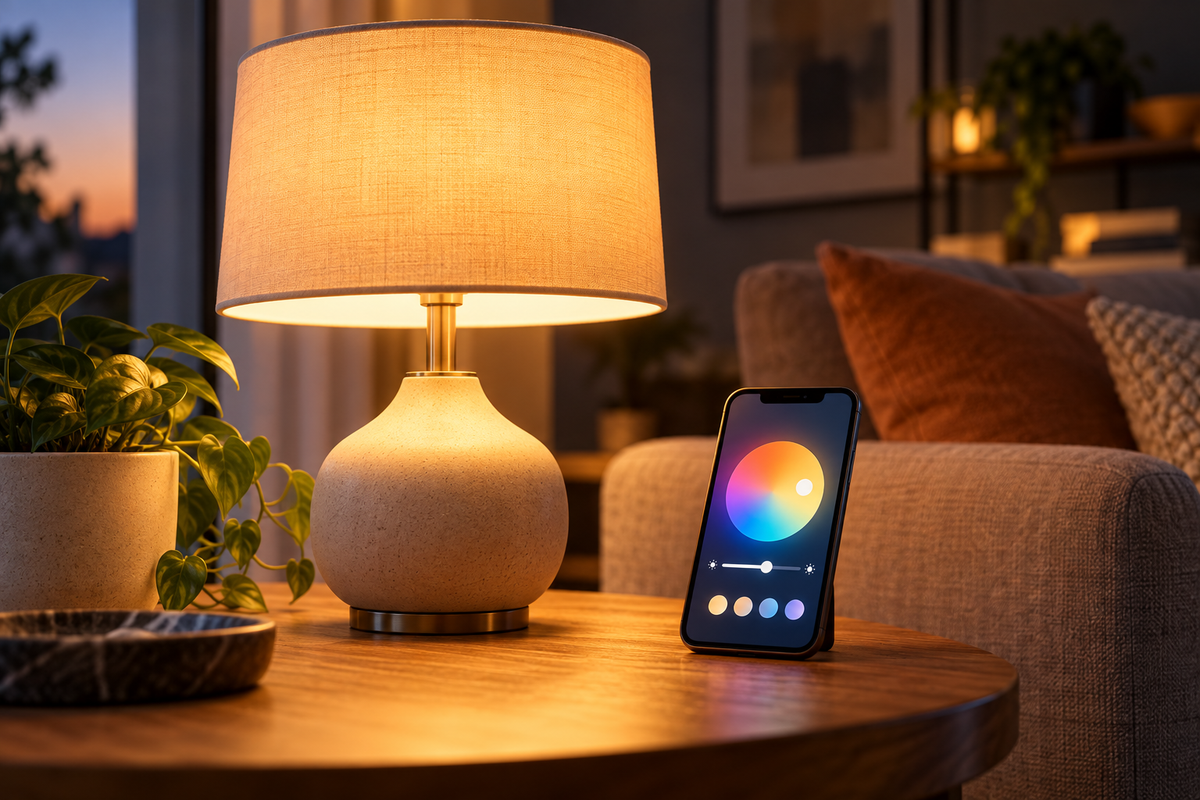 Smart table lamp and phone illustrating no-hub bulb control