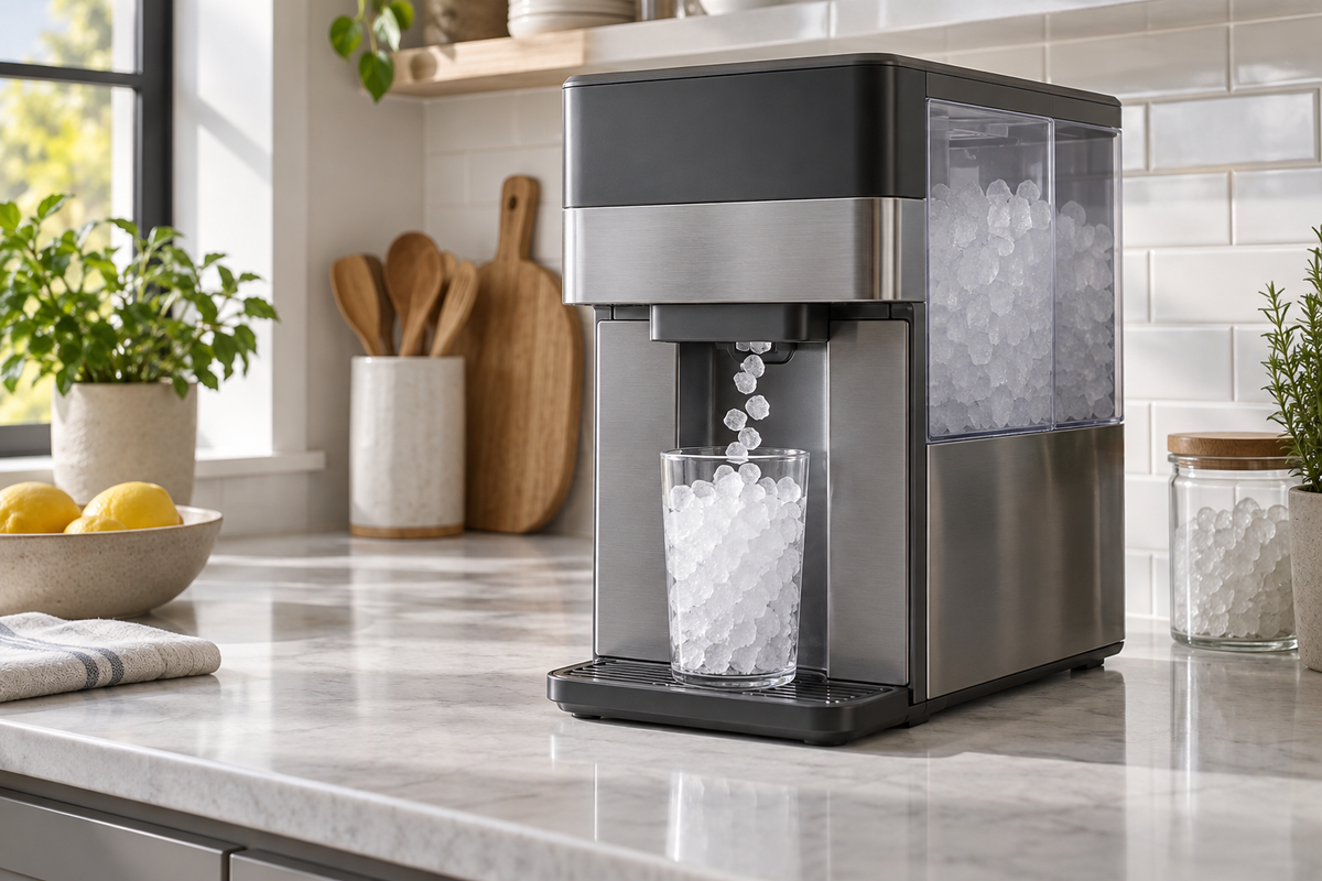 Countertop nugget ice maker with dispenser